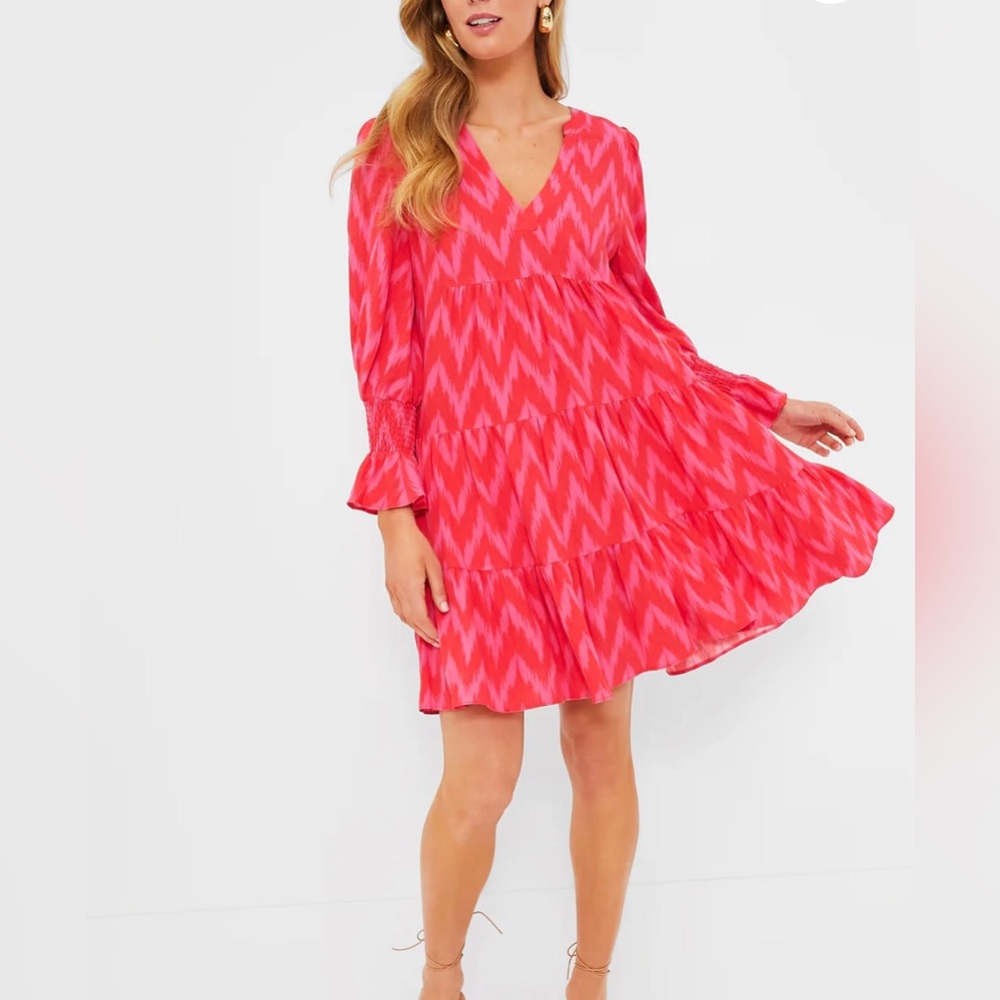 POMANDER PLACE Dress Hot Pink Kenzo Ikat Print V-neck Tiered Long Sleeve Size M